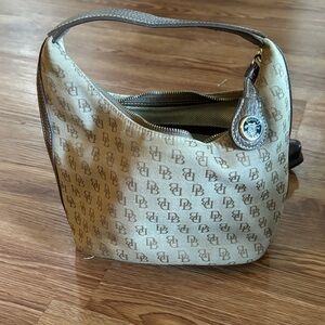 Dooney & Bourke Beige Monogram Hobo Shoulder Bag with Brown Trim